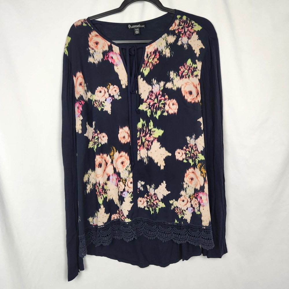 Signature Studio Contemporary‎ Style Floral Long Sleeve Top XL Lined Lace Trim